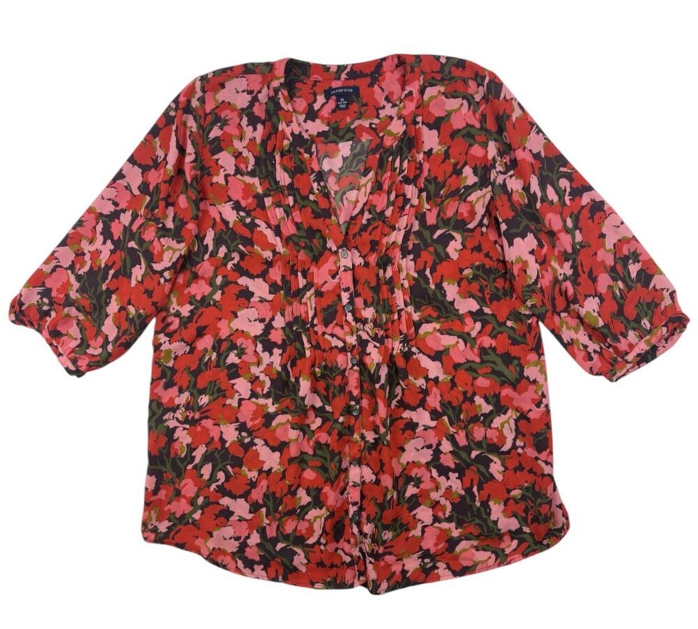 Lands' End Blouse Red Floral Watercolor Top 1X Button Flowy Career 3/4 Sleeve